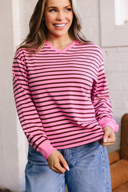 Stripe V-Neck Drop Shoulder Long Sleeve Top