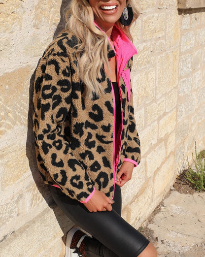 Leopard Colorblock Pocketed Sherpa Jacket