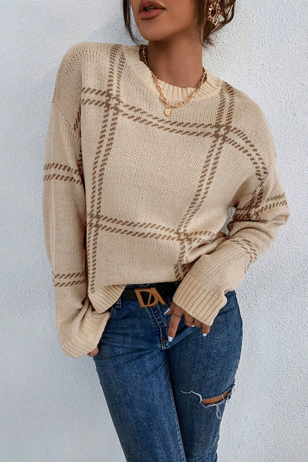 Plaid Drop ShoulderCrewneck Sweater