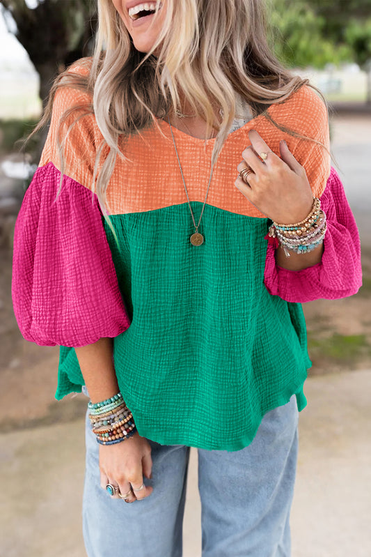 Colorblock Gauze Bubble Sleeve Blouse