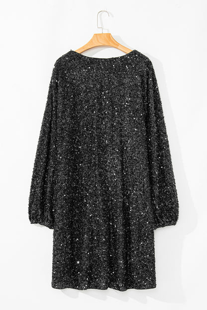 Plus Size Sequin Bubble Sleeve V-Neck Dress