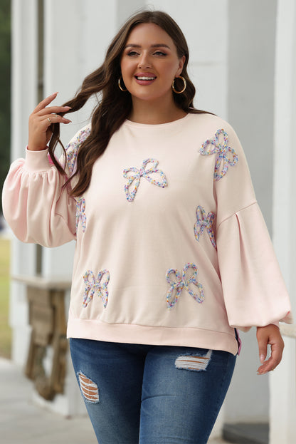 Valentine Bow Embroidered Lantern Sleeve Sweatshirt