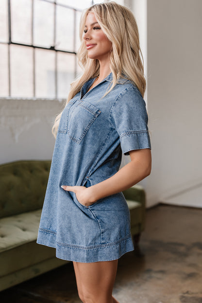 Solid Denim Collared Patch Pocket Mini Dress
