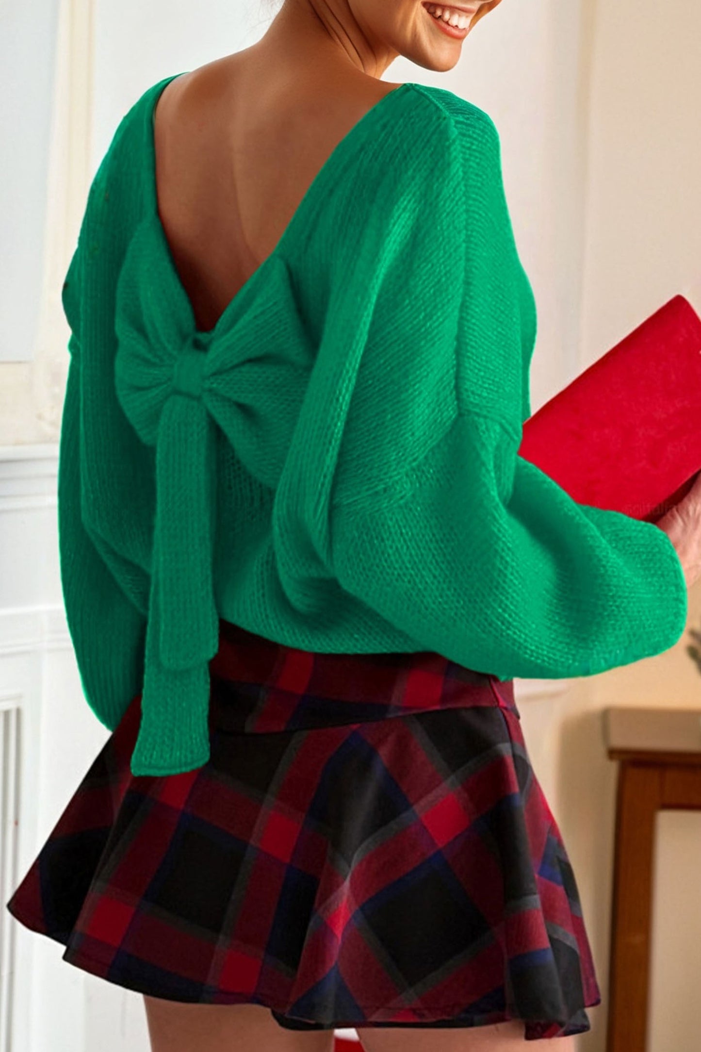 Bow Tie Backless Bubble Sleeve Sweater