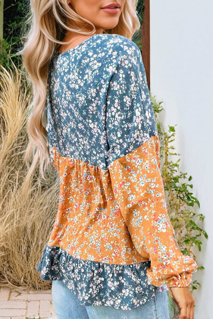 Floral Colorblock Ruffle Hem Blouse