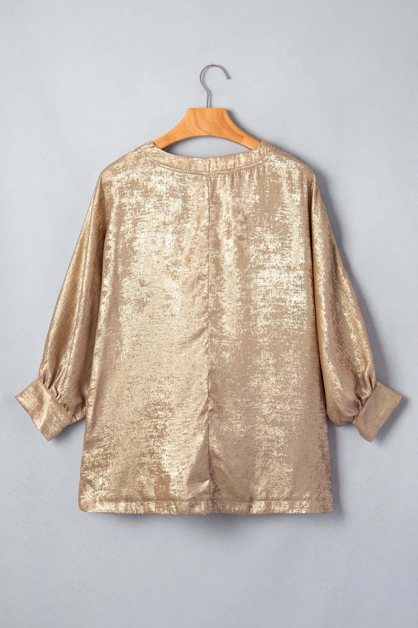 Metallic V-Neck Button Cuff Dolman Sleeve Blouse