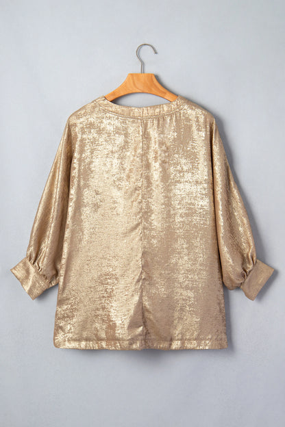 Metallic V-Neck Button Cuff Dolman Sleeve Blouse