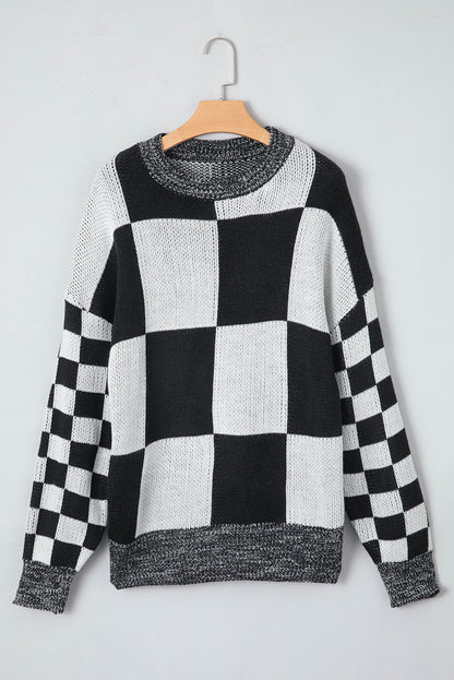 Checker Patchwork Ribbed Trim Sweater