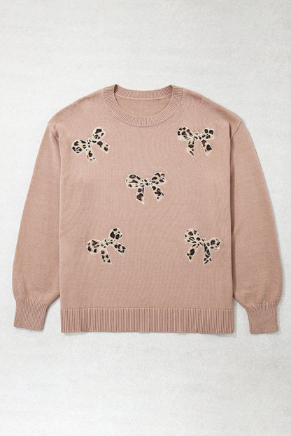 Plus Size Leopard Bow Embroidered Patch Sweater