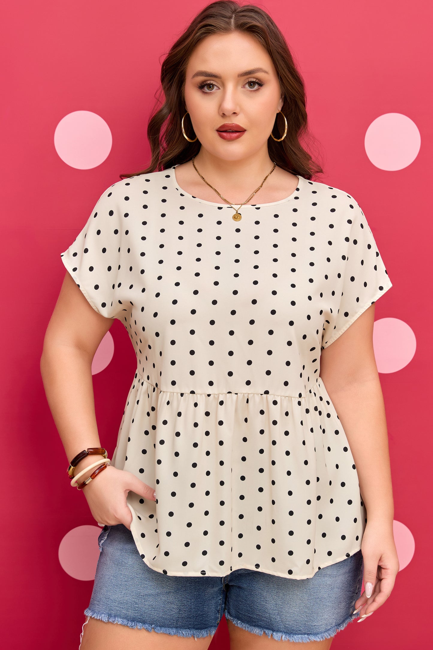Plus Size Polka Dot Button Back Babydoll Blouse