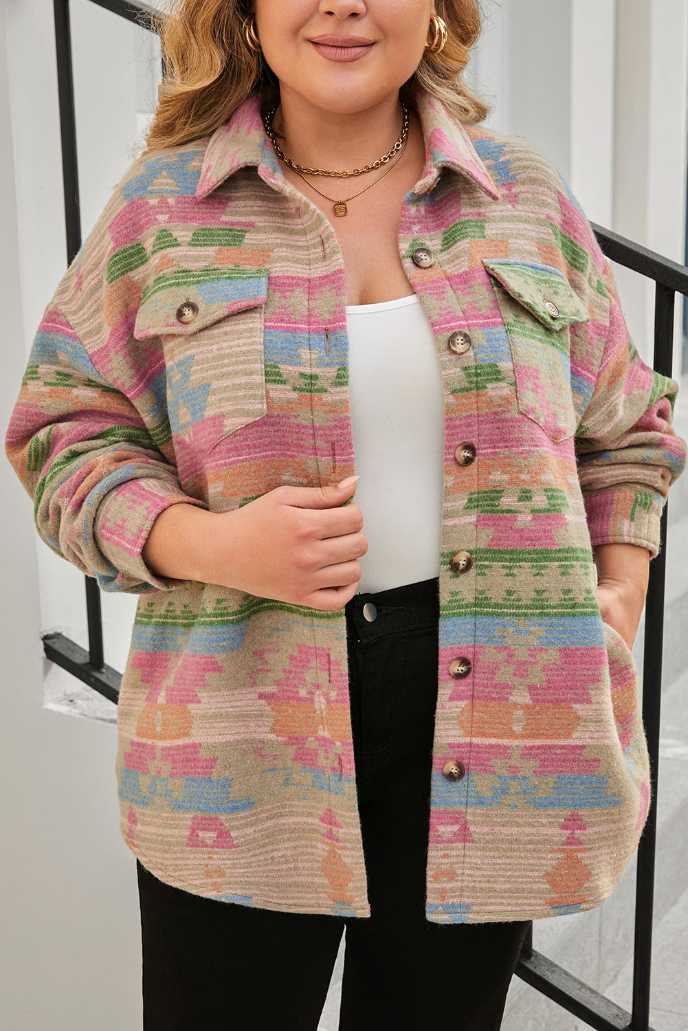 Plus Size Aztec Flap Pockets Jacket