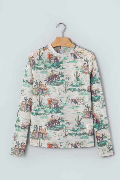 Western Long Sleeve Round Neck Slim Top