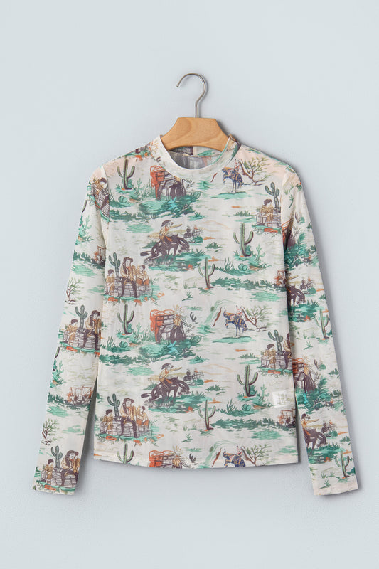 Western Long Sleeve Round Neck Slim Top