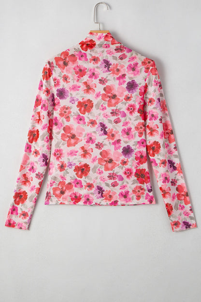 Floral Long Sleeve Slim Fit Mesh Top