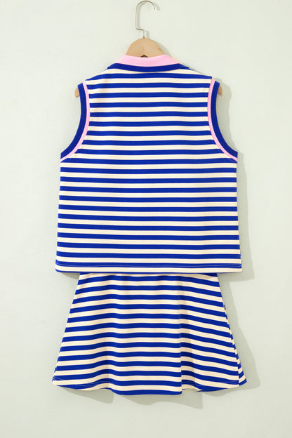 Stripe Textured Zip Collar Top & Skort Set