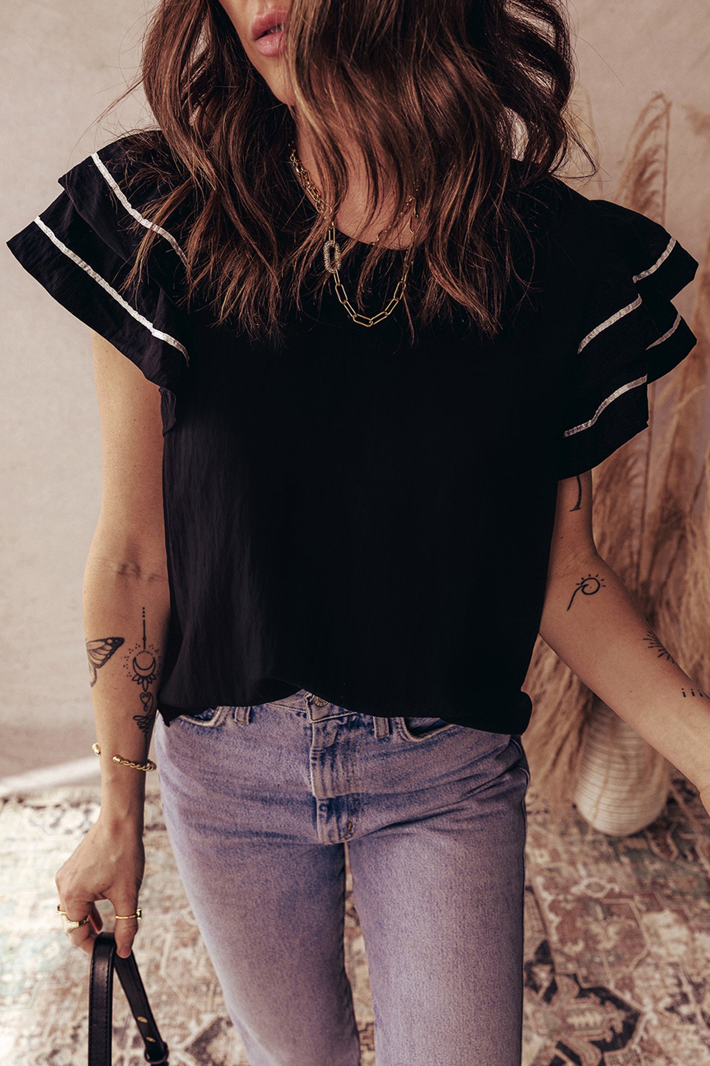 Contrast Trim Ruffle Short Sleeve Blouse