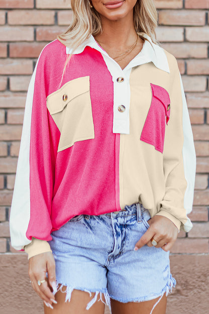 Colorblock Collared Ribbed Patchwork Pocketed Sweatshirt