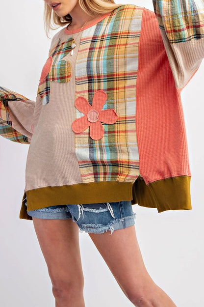 Plaid Patchwork Waffle Knit Sweatshirt