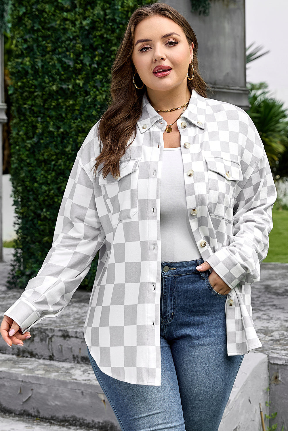 Plus Size Checker Button-Up Western Jacket