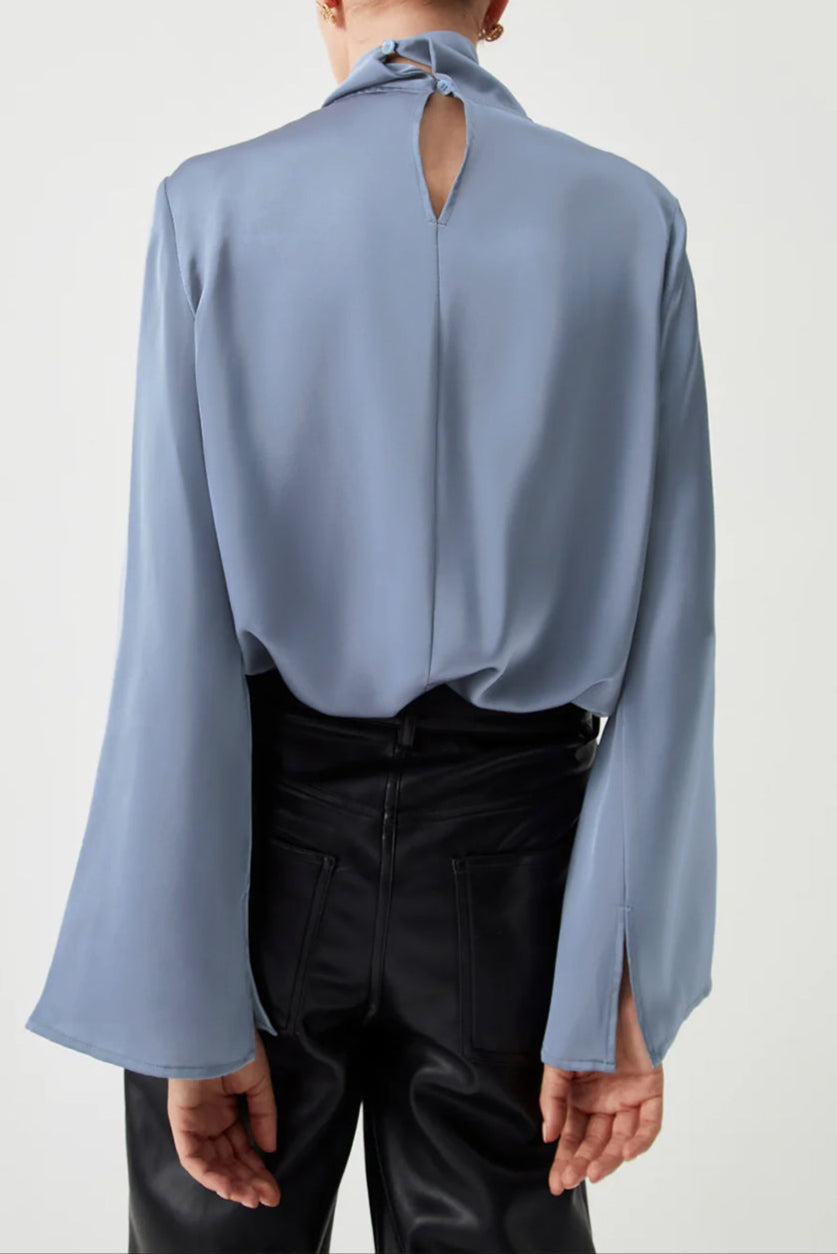 Pleated Turtleneck Bell Sleeve Blouse