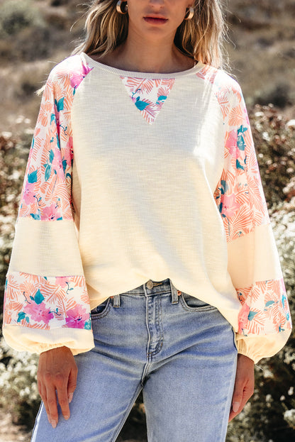 Floral Patchwork Balloon Sleeve Textured Blouse