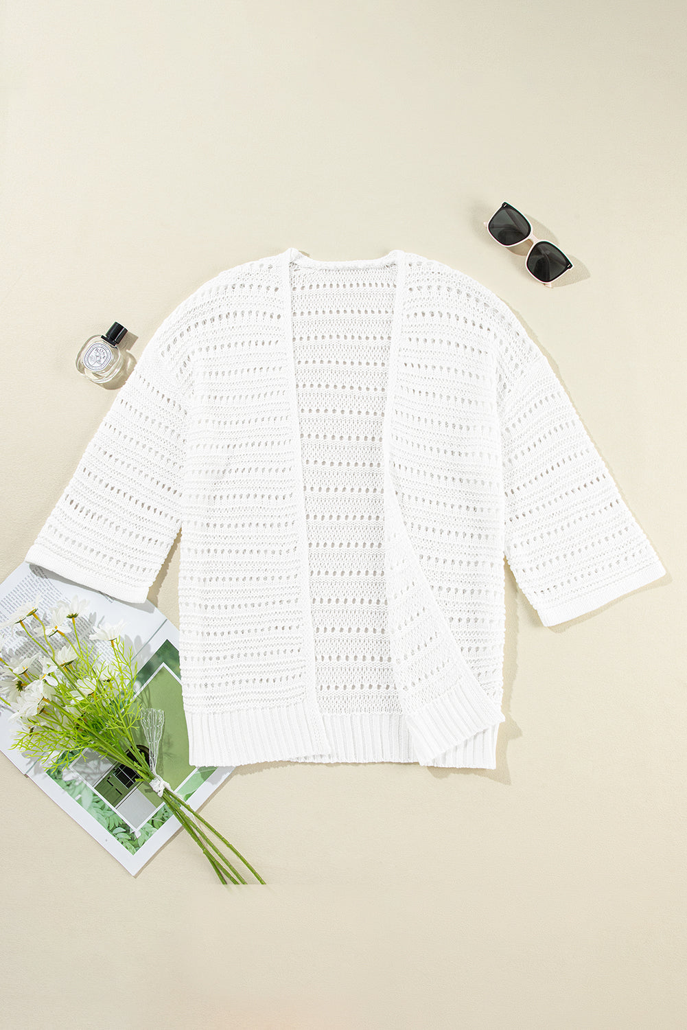 Pointelle Knit 3/4 Sleeve Cardigan