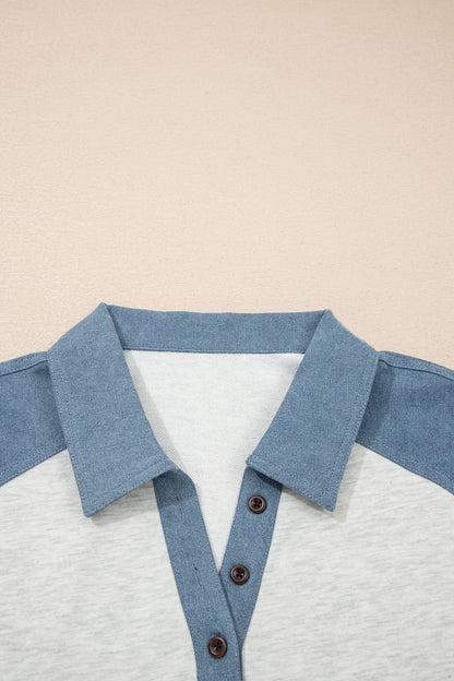 Plus Size Denim Patchwork Cuff Sleeve Polo Tee