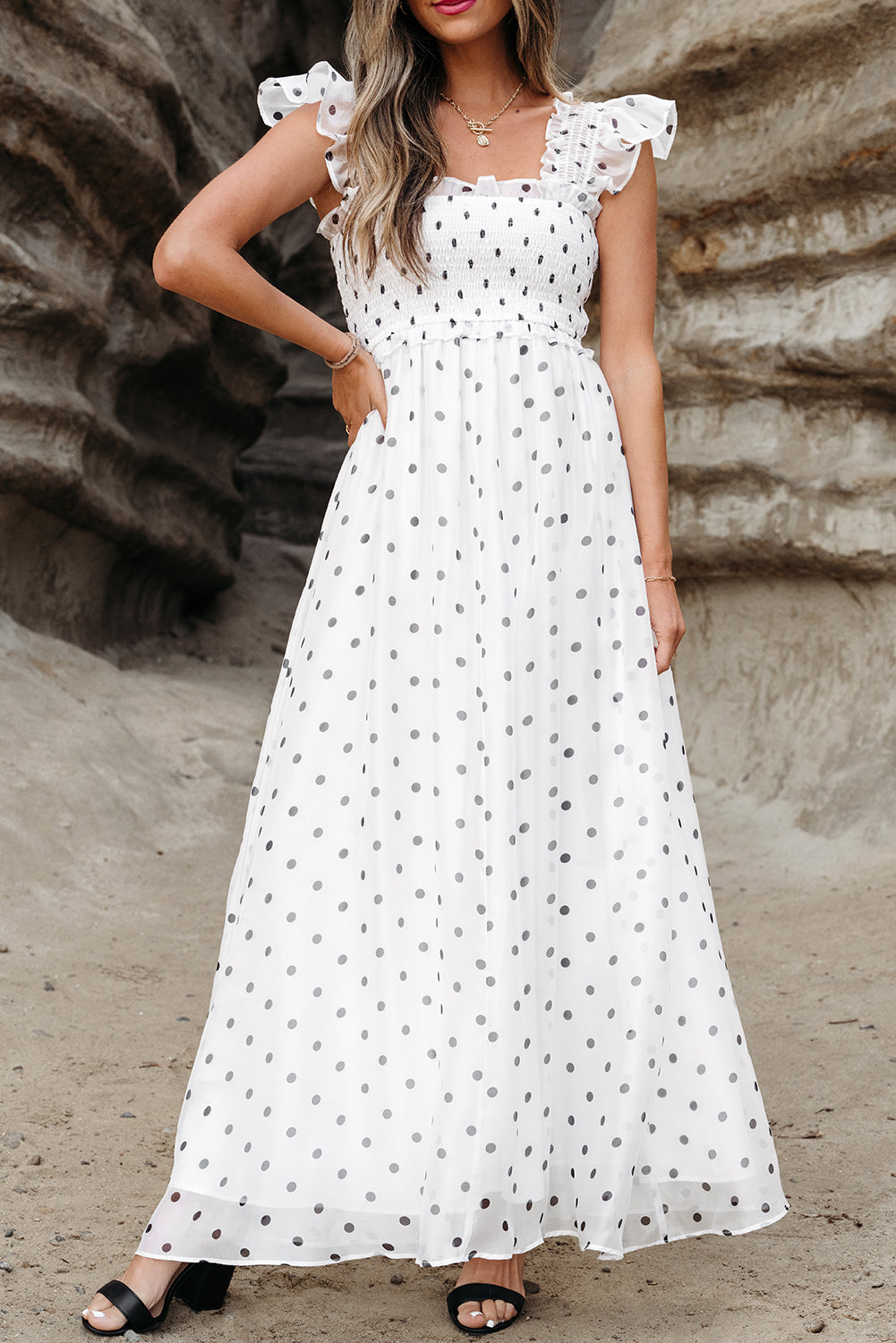 Polka Dot Flutter Sleeve Maxi Dress