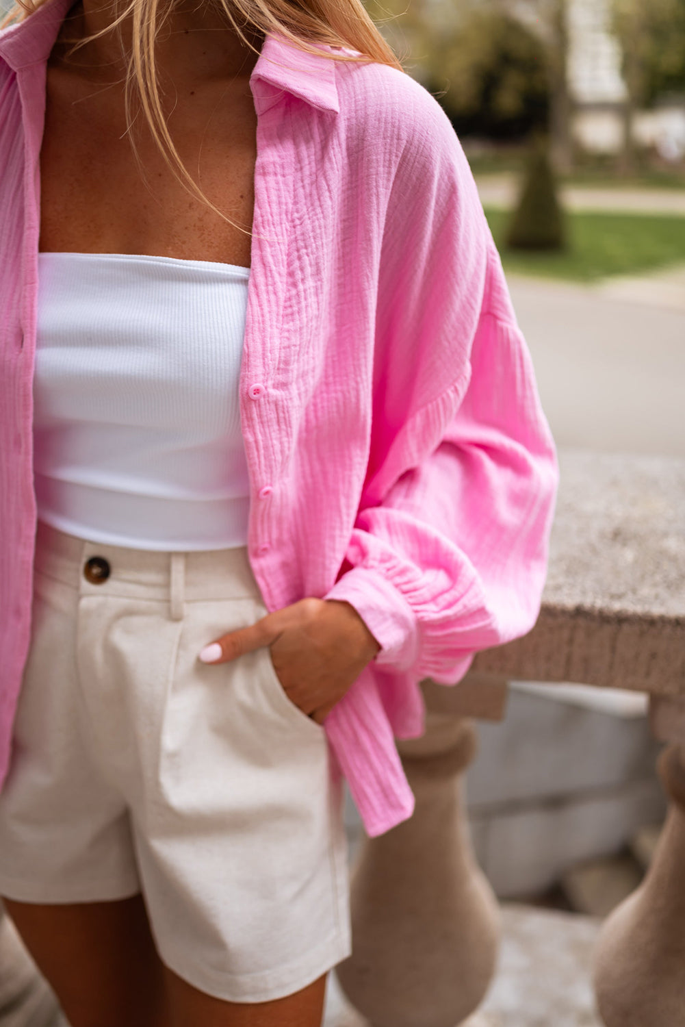 Crinkle Gauze Puff Sleeve Shirt