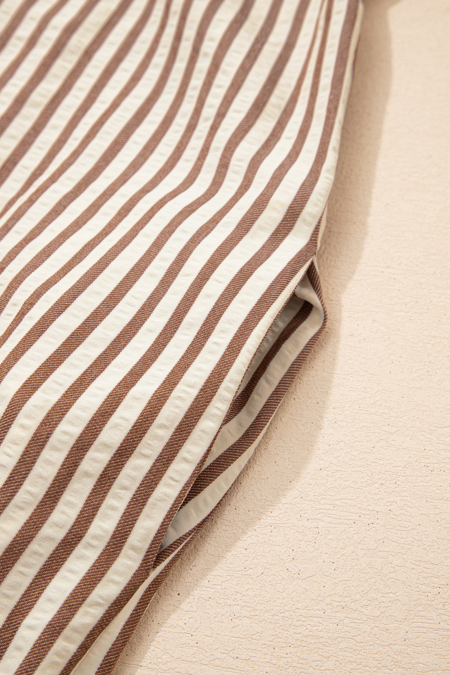 Stripe Leopard Trim 3/4 Sleeve Midi Shirt Dress