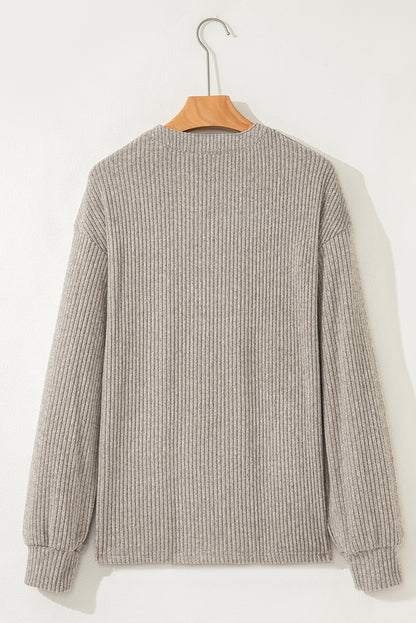 Solid Ribbed Knit Drop Shoulder Henley Top