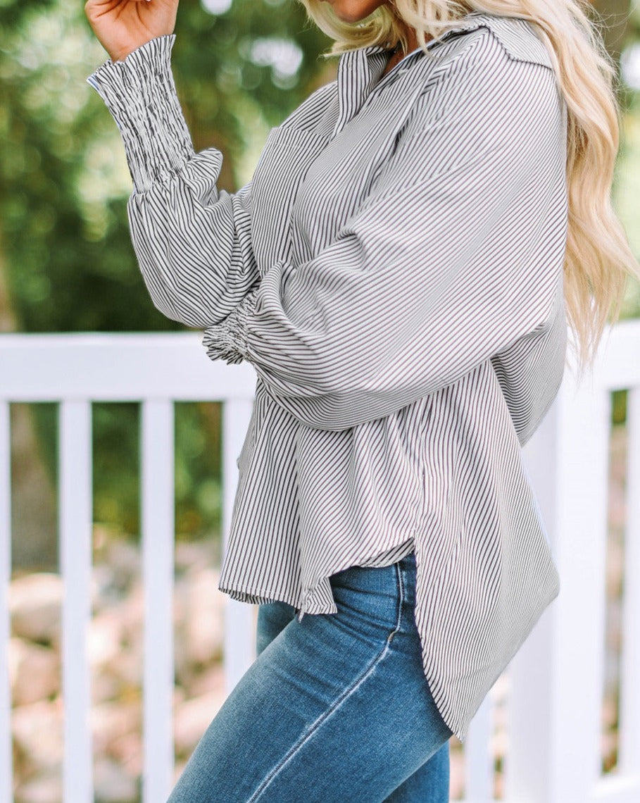 Stripe Smocked Cuff Pocketed Shirt