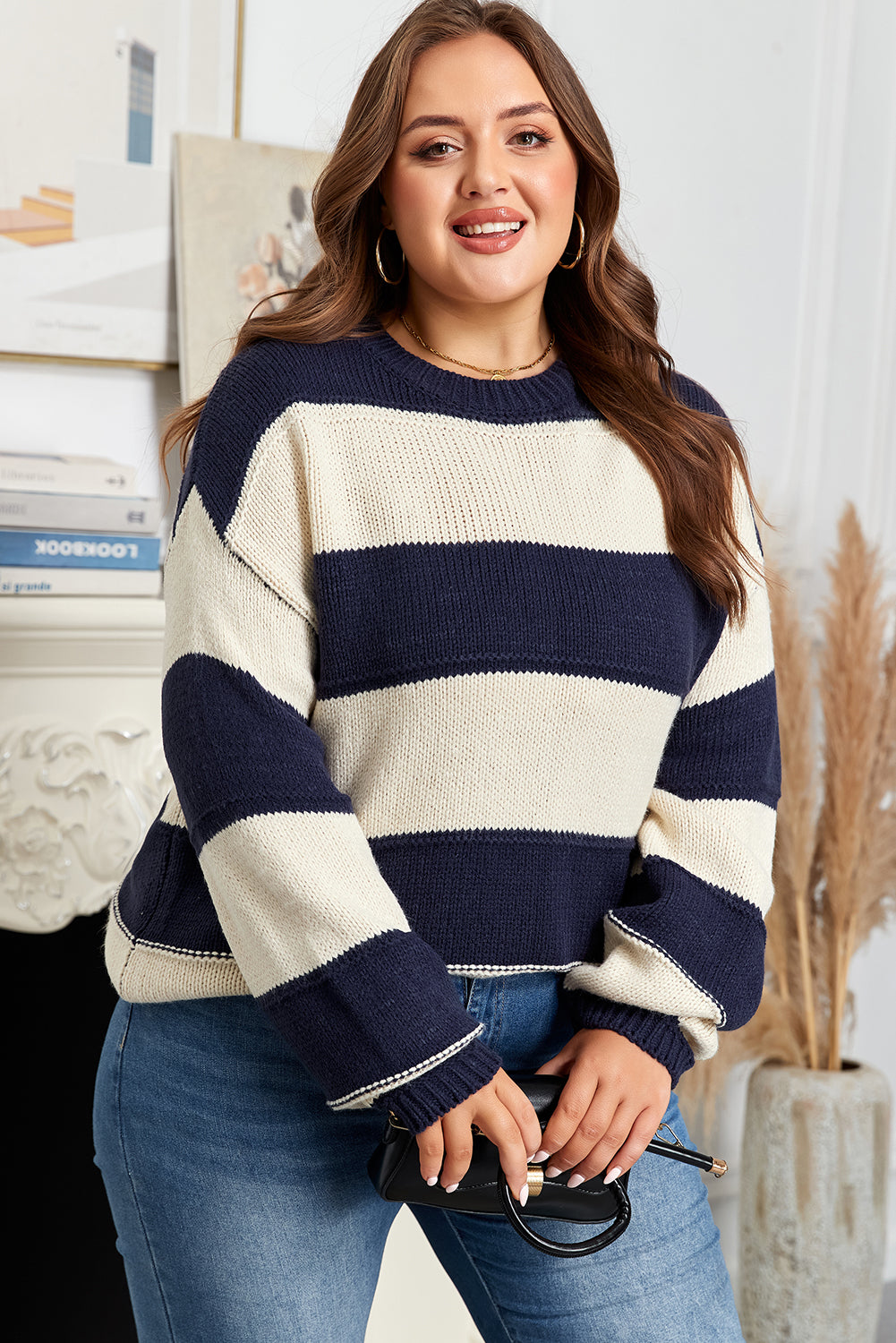 Plus Size Stripe Colorblock Drop Shoulder Sweater