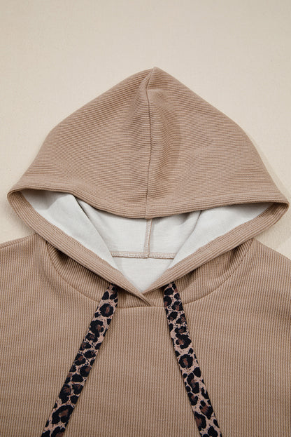 Ribbed Knit Leopard & Lace Drawstring Hoodie