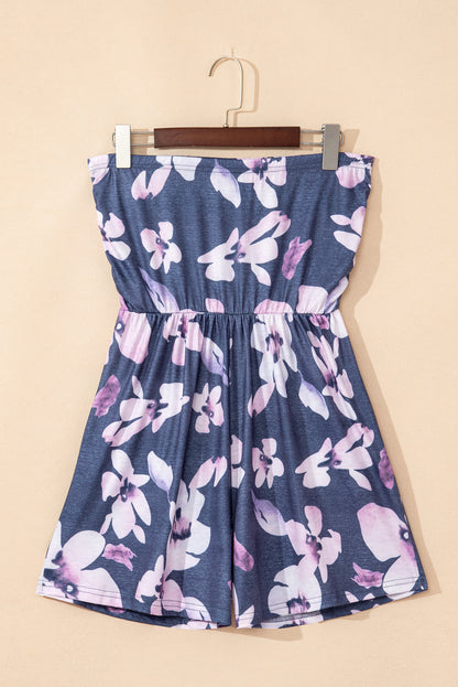 Floral Ruched Strapless Bandeau Pocketed Romper