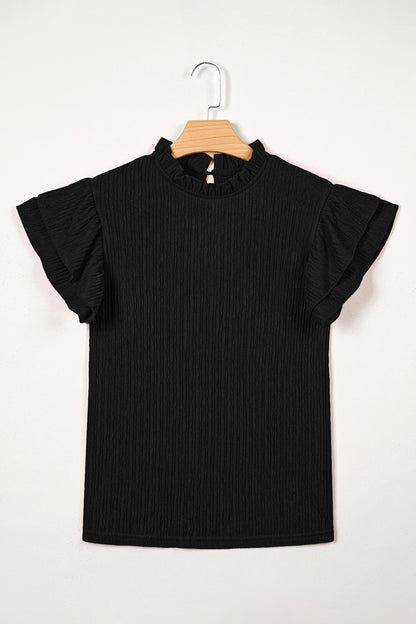 Solid Textured Ruffle Trim Short Sleeve Blouse