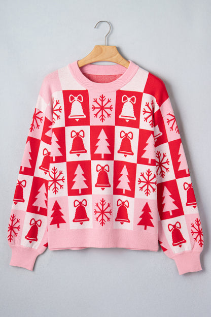 Christmas Checker Round Neck Long Sleeve Sweater
