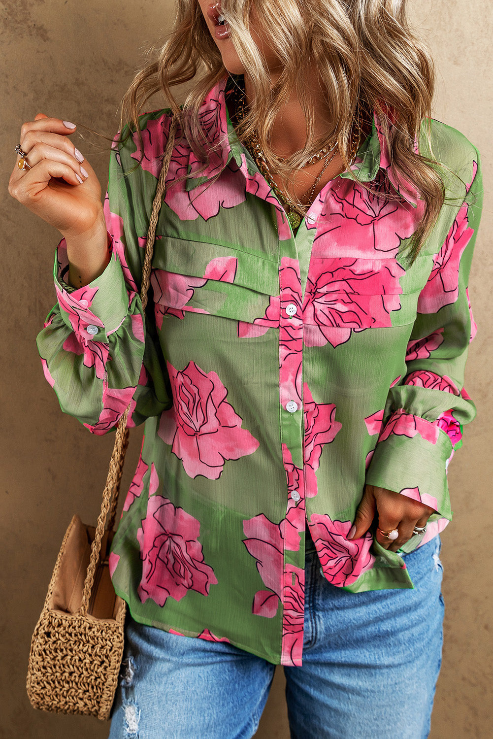 Floral Pleated Long Sleeve Shirt