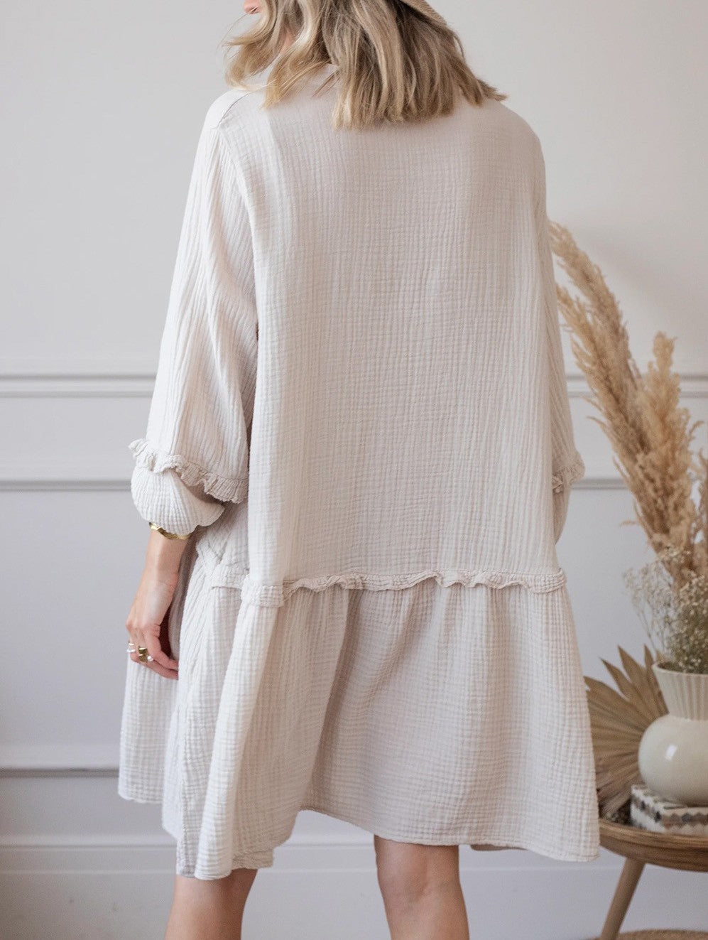 Gauze Frilled Puff Sleeve Dress