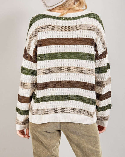 Stripe Pointelle Hollow Out Sweater