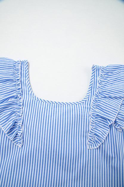 Stripe Bow Square Neck Ruffle Sleeve Blouse