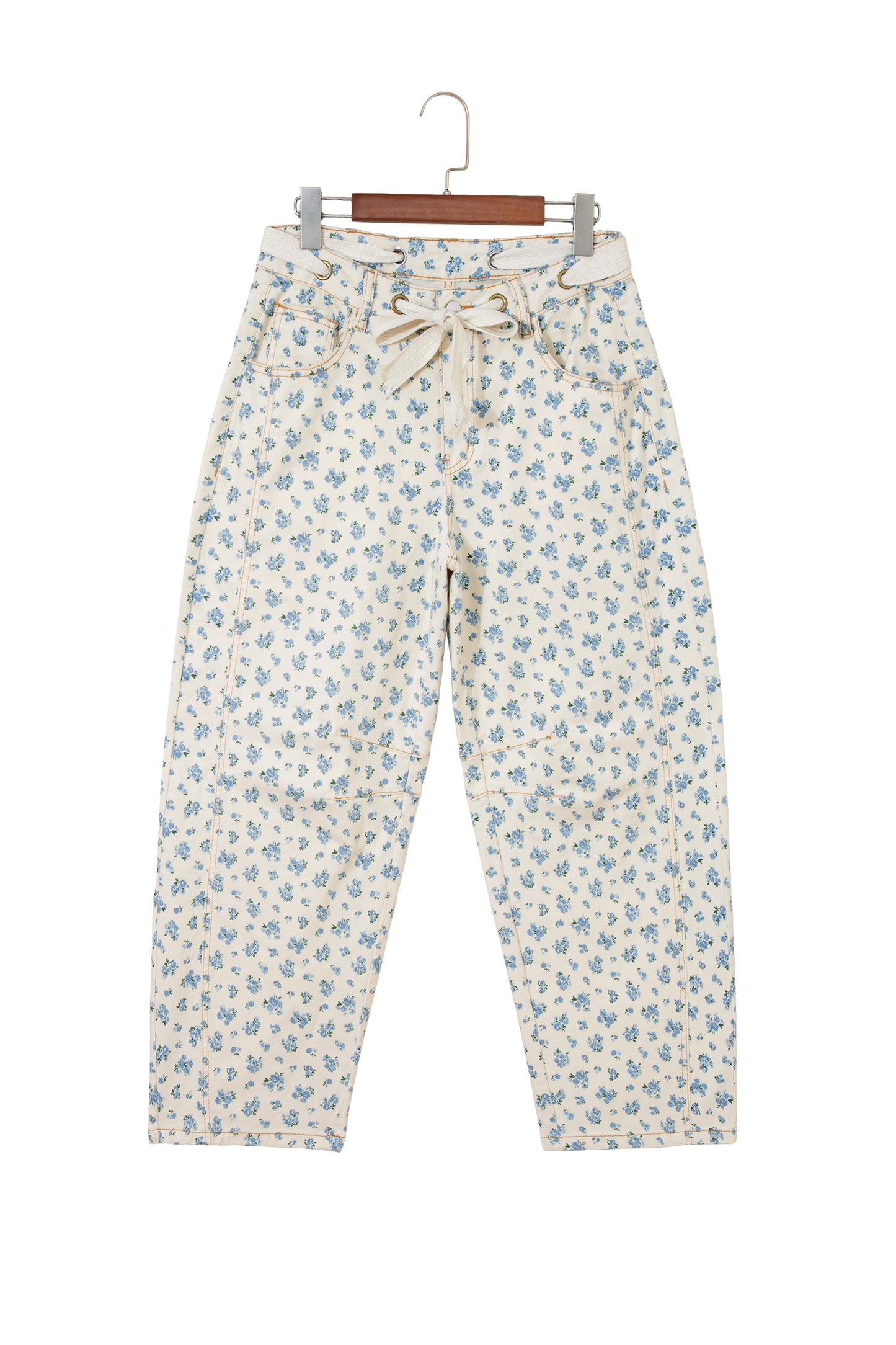 Floral Grommet Knot Waist Barrel Leg Jeans