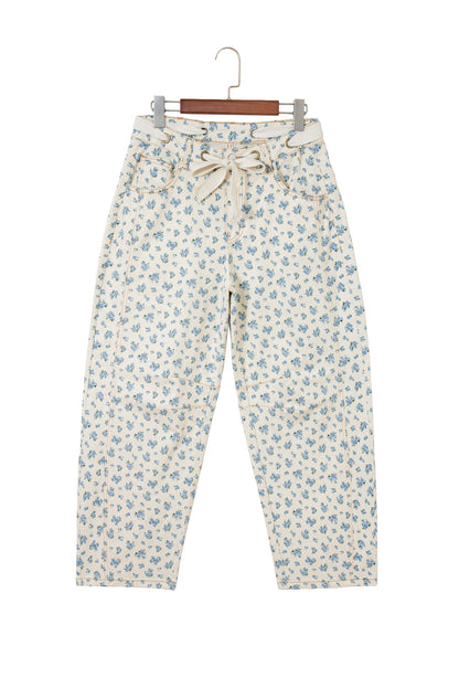 Floral Grommet Knot Waist Barrel Leg Jeans
