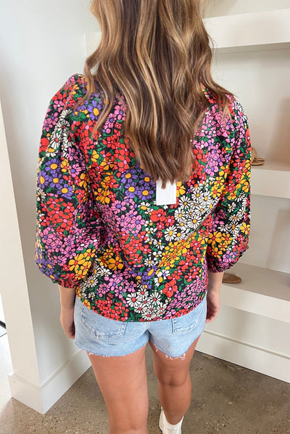 Floral Notched V-Neck Blouse