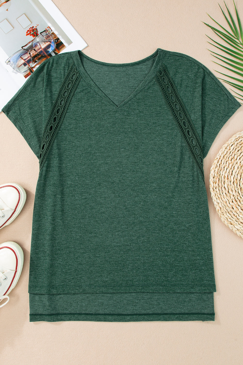 Lace Trim Oversized V-Neck Tee