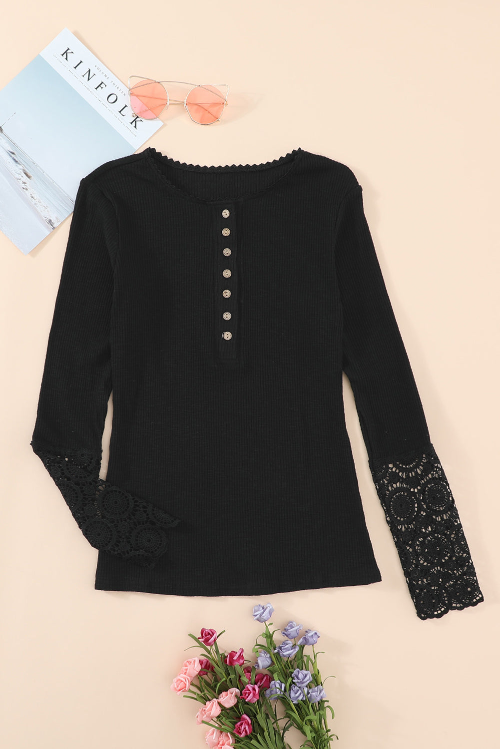 Crochet Lace Sleeve Henley Top