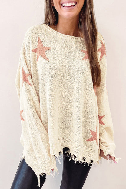 Star Long Sleeve Distressed Sweater