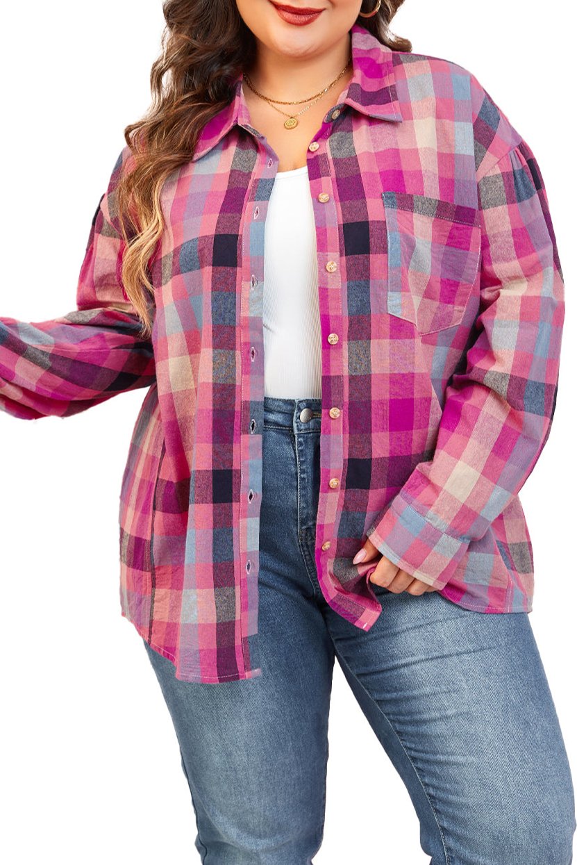 Plus Size Stripe Checker Button-up Shirt