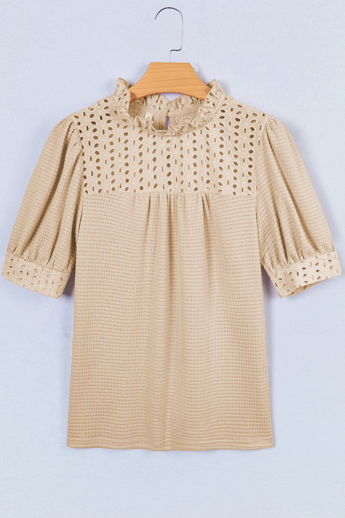 Eyelet Embroidered Patchwork Textured Ruffle Neck Blouse