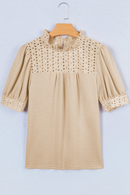Eyelet Embroidered Patchwork Textured Ruffle Neck Blouse
